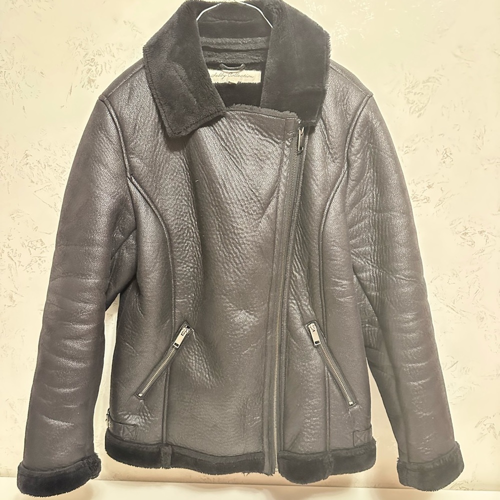 Ashley Collection Faux Shearling Aviator Jacket Women L Black Winter Coat